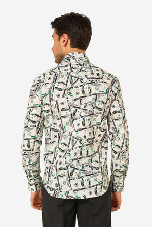 Man wearing a shirt with dollar bill print on a white background, view from the back.