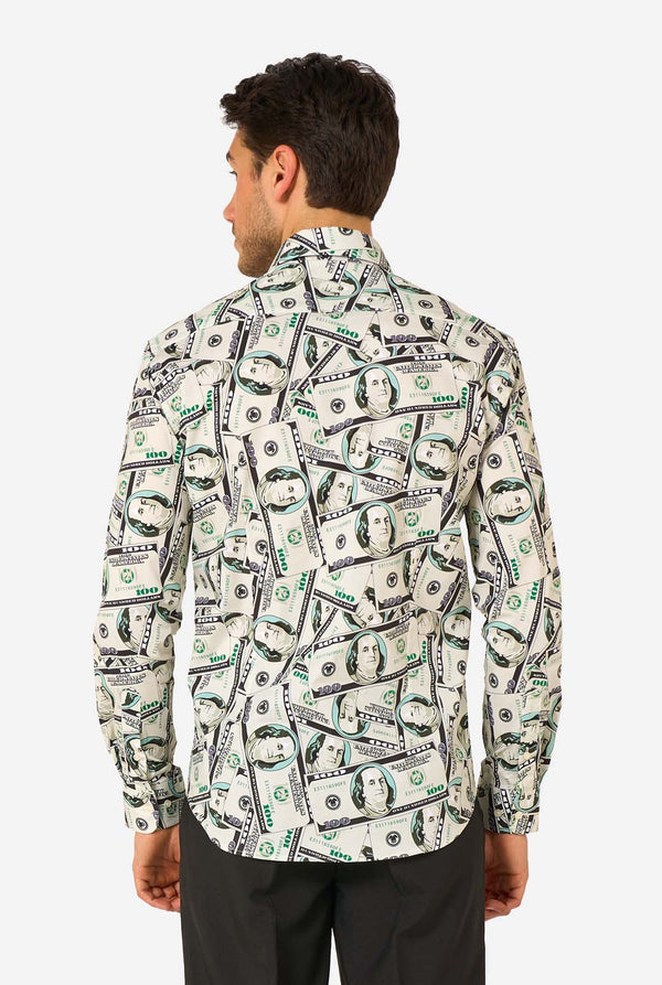 Man wearing a shirt with dollar bill print on a white background, view from the back.