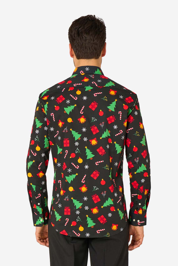 Man wearing a colorful Christmas-themed black shirt, view from the back.