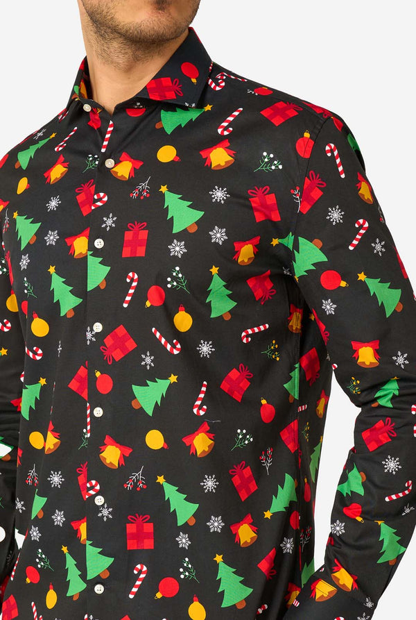 Black long-sleeve shirt with colorful Christmas-themed pattern on a white background worn by man