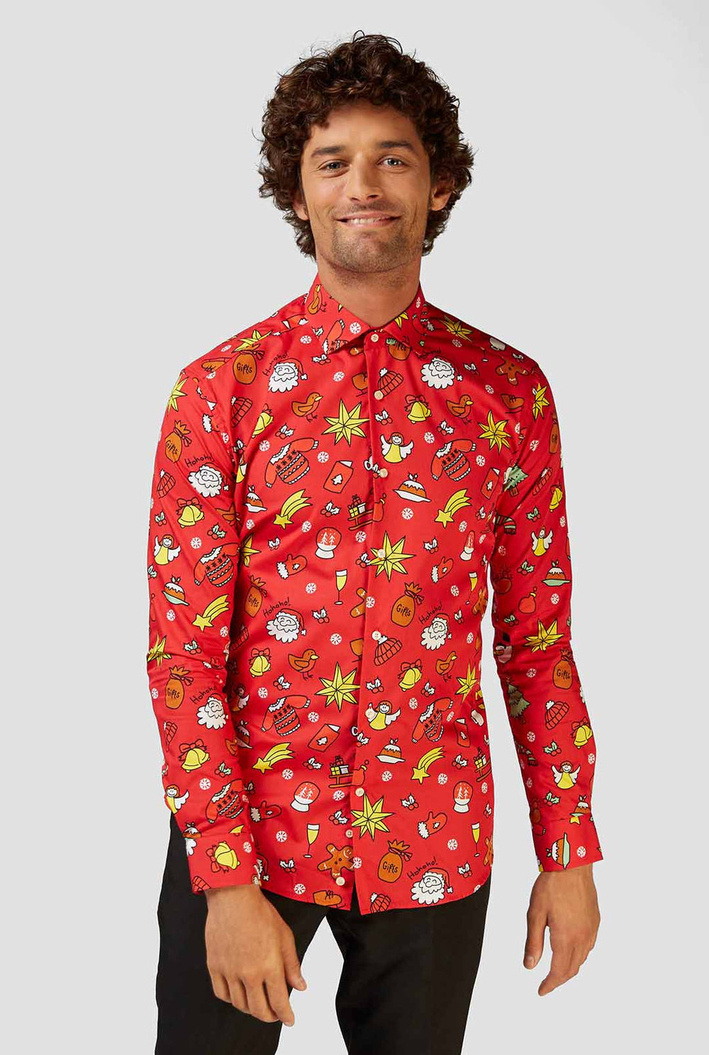 Man wearing red dress shirt with Christmas icons