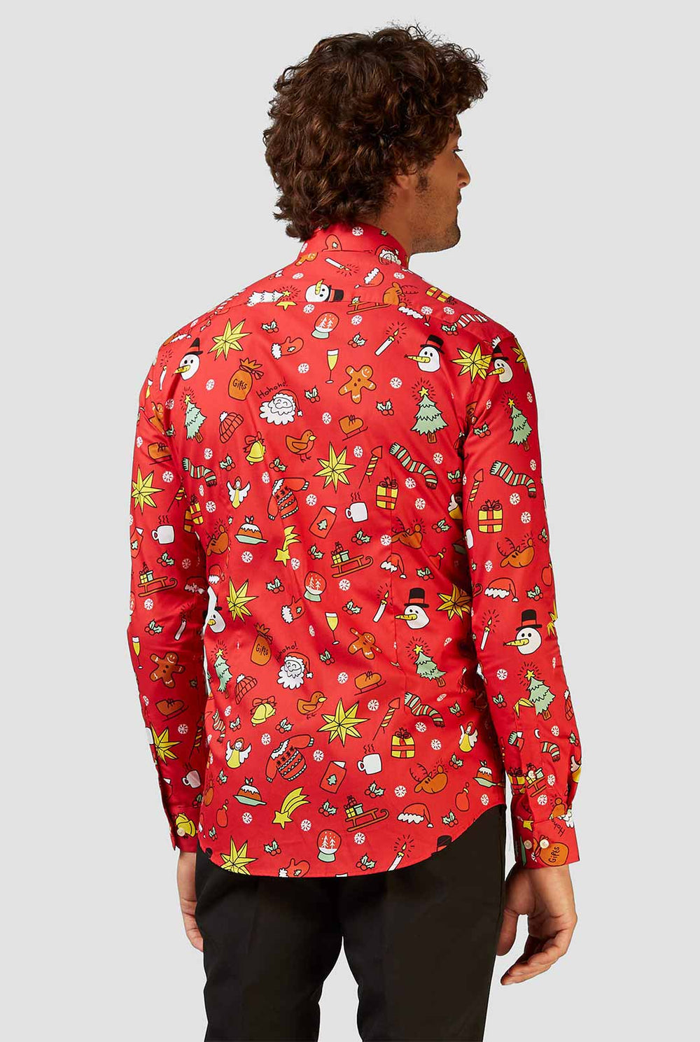 Man wearing red dress shirt with Christmas icons