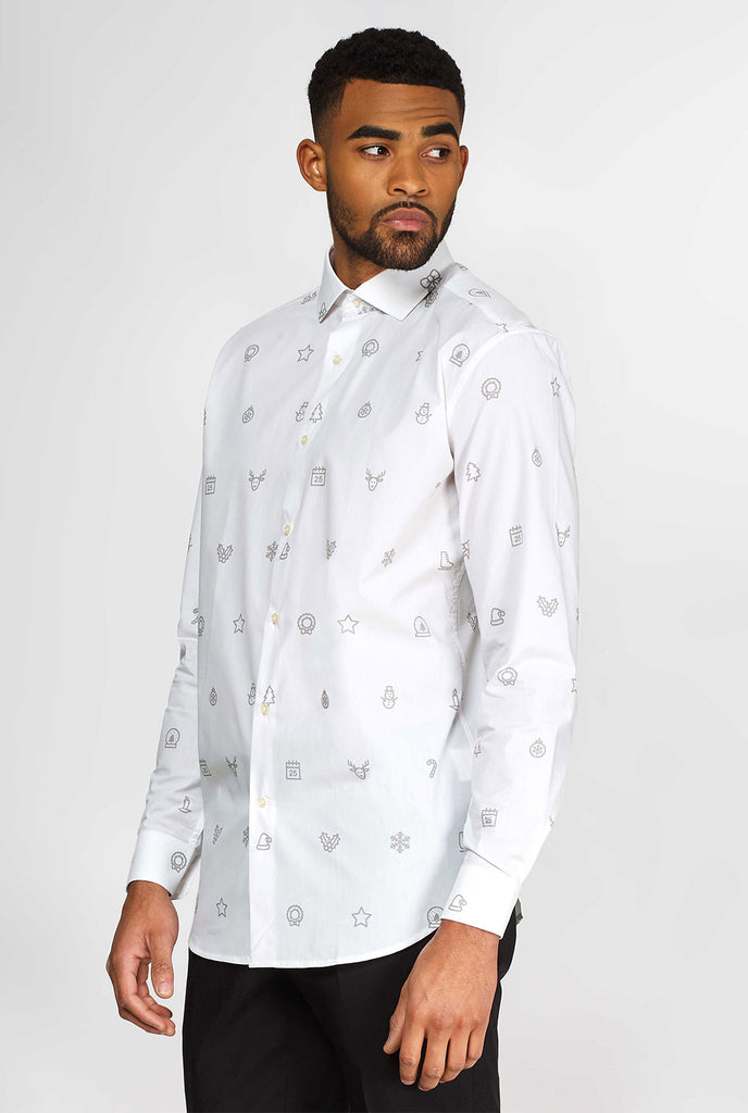 Man wearing white dress shirt with Christmas icons
