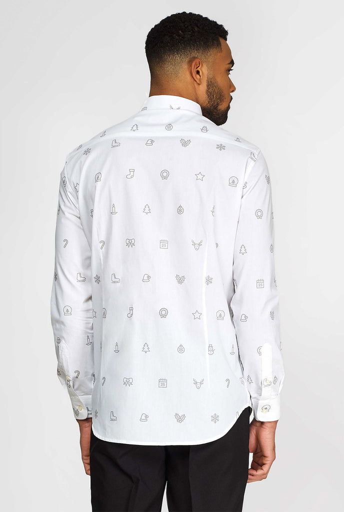 Man wearing white dress shirt with Christmas icons