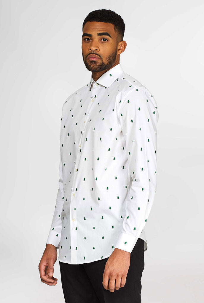 Man wearing white dress shirt with Christmas trees