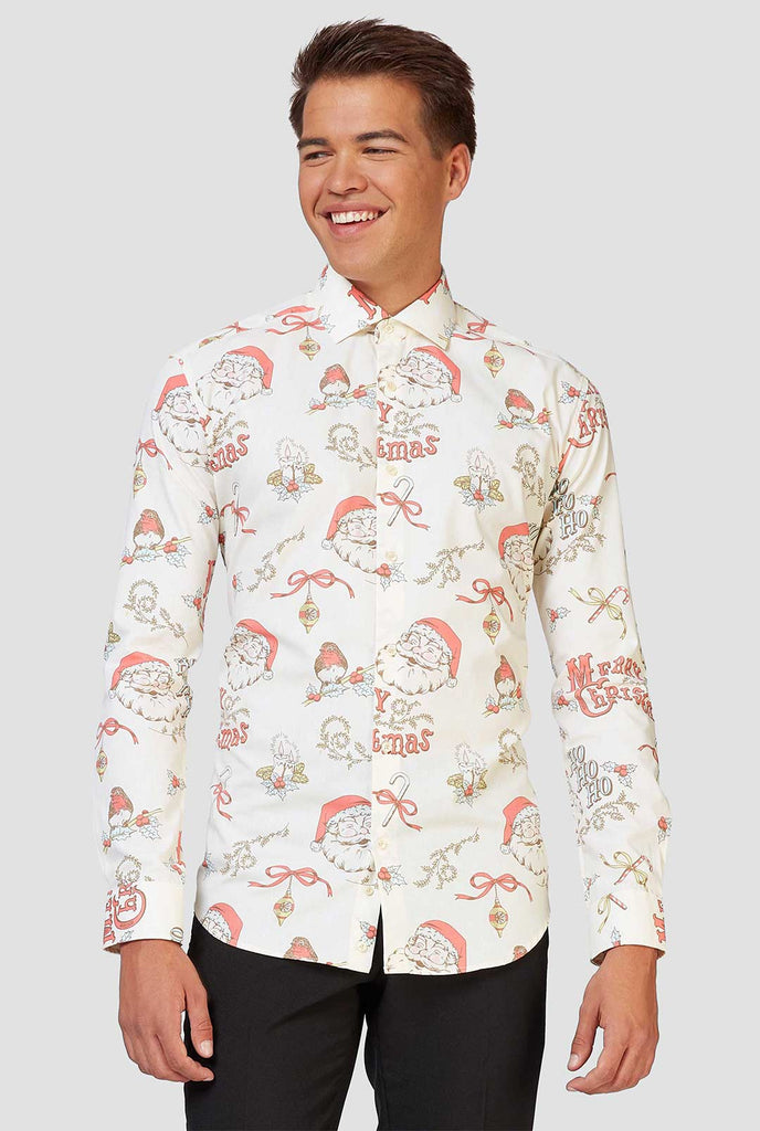 Man wearing off-white dress shirt with Christmas icons