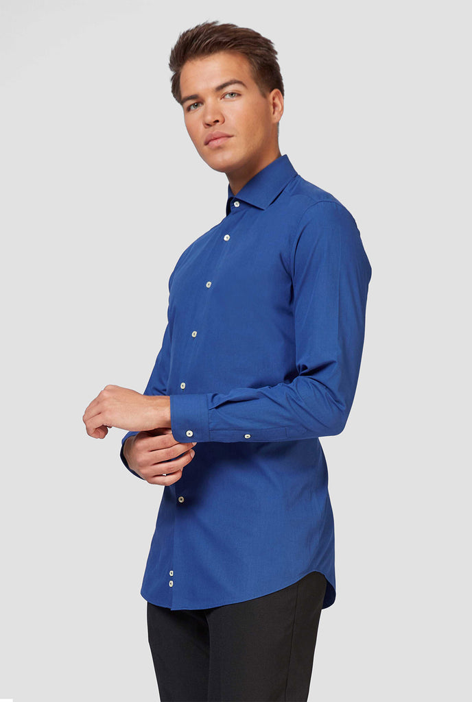 Man wearing dark blue dress shirt