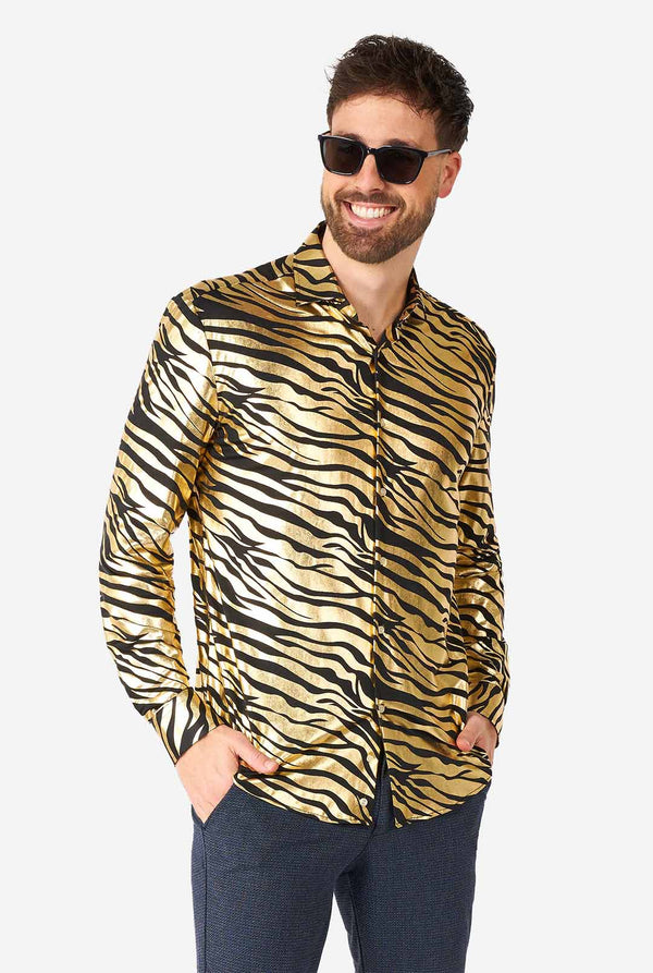 Man wearing golden dress shirt with tiger stripes