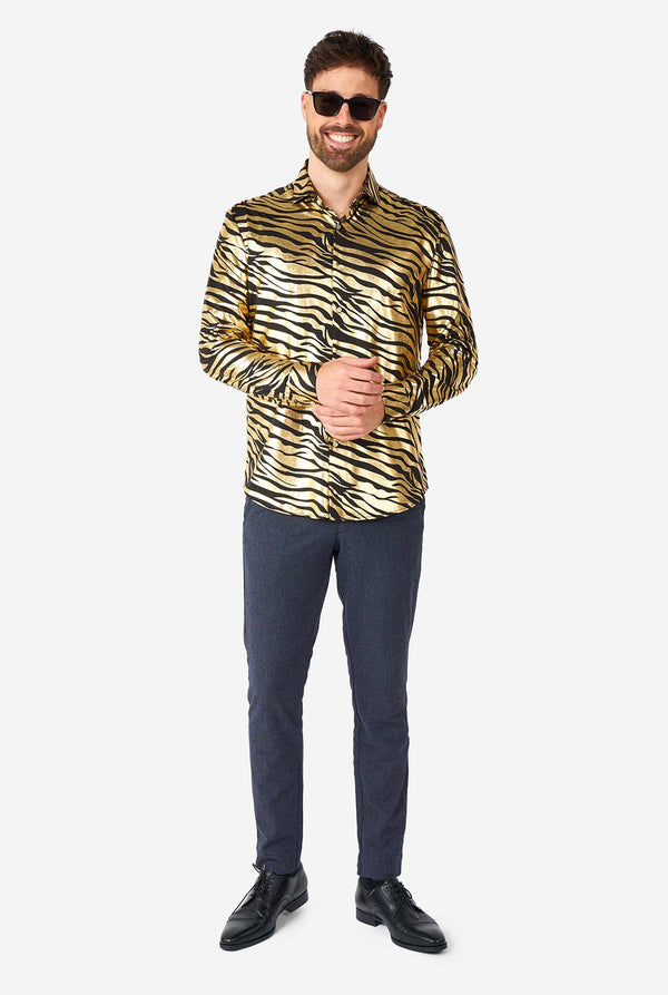 Man wearing golden dress shirt with tiger stripes