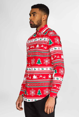 Man wearing red Christmas shirt