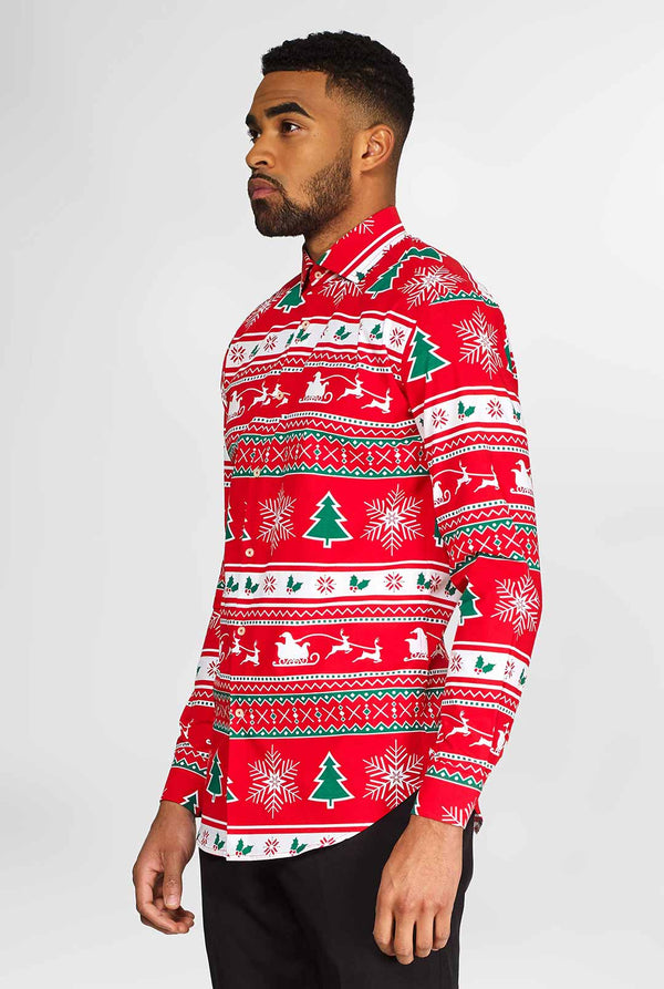 Man wearing red Christmas shirt