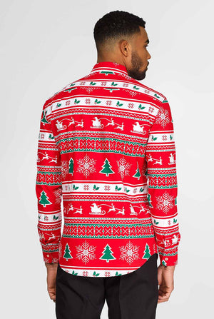 Man wearing red Christmas shirt