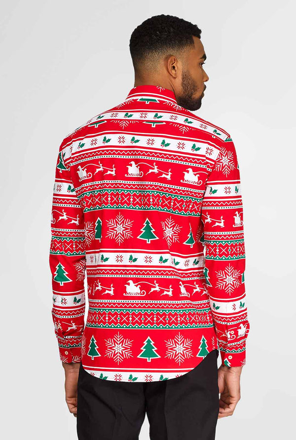 Man wearing red Christmas shirt