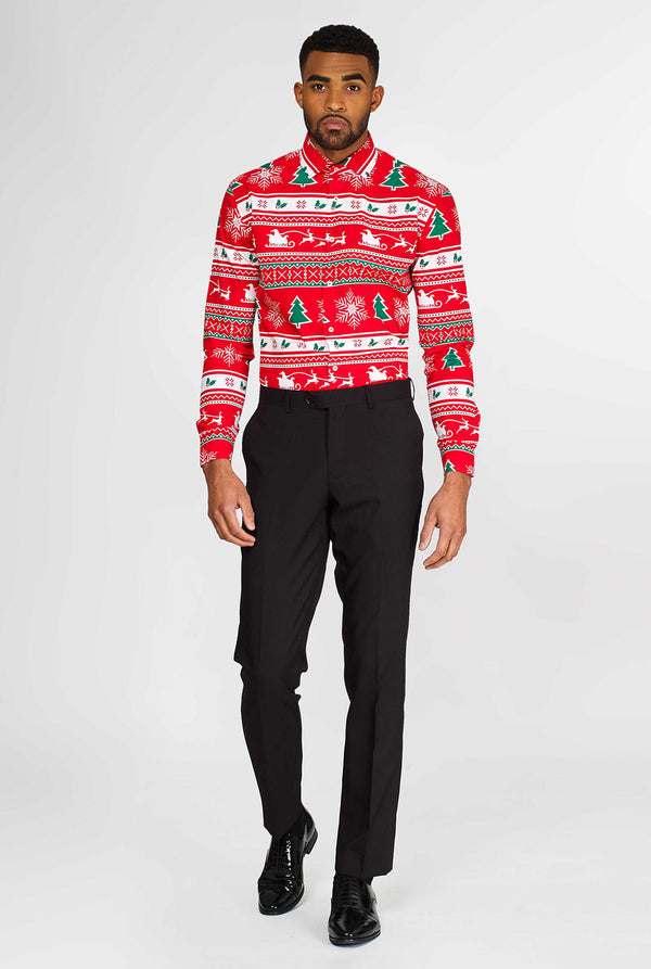 Man wearing red Christmas shirt
