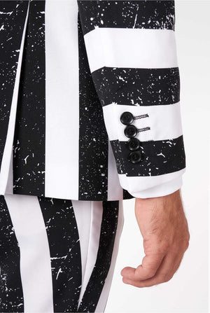 Man wearing striped black and white men's suit