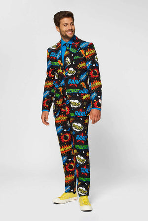 Black men's suit with comic book icons print worn by man