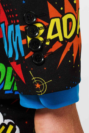 Black men's suit with comic book icons print worn by man