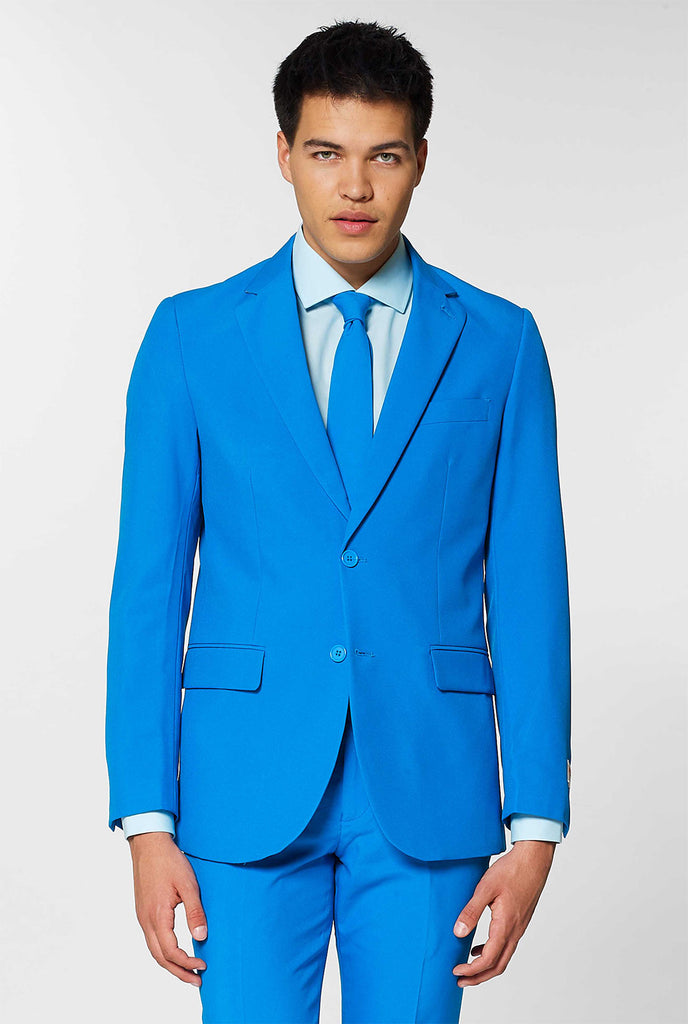 Man wearing blue men's suit