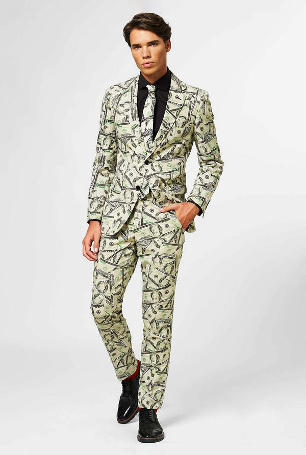 Man wearing men's suit with dollar, money print