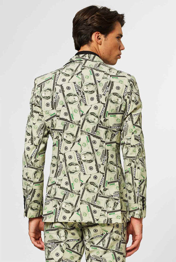 Man wearing men's suit with dollar, money print