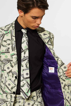 Man wearing men's suit with dollar, money print