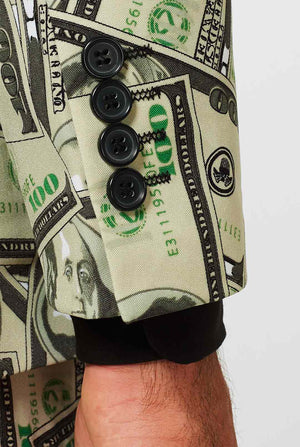 Man wearing men's suit with dollar, money print