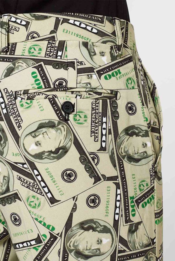 Man wearing men's suit with dollar, money print