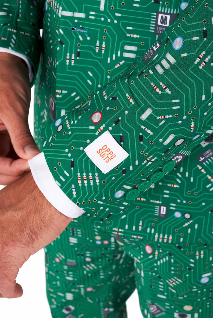 Man wearing men's suit with circuit board print