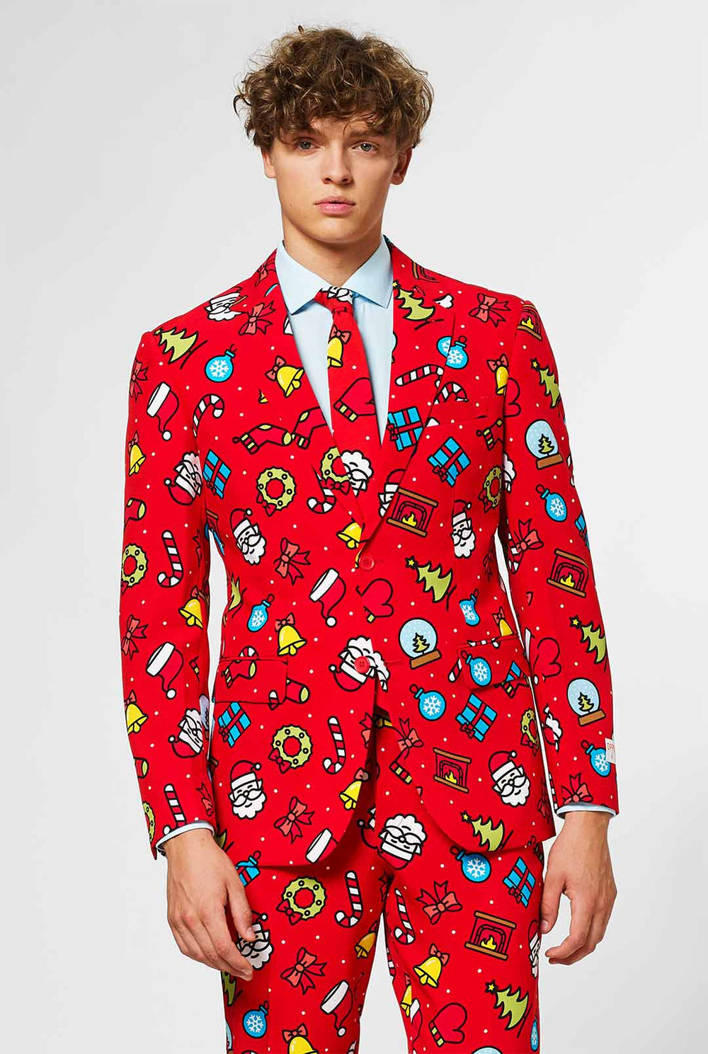 Red Christmas suit with Christmas icons worn by man