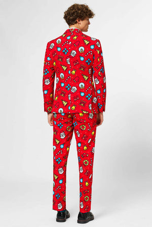 Red Christmas suit with Christmas icons worn by man