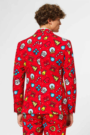 Red Christmas suit with Christmas icons worn by man
