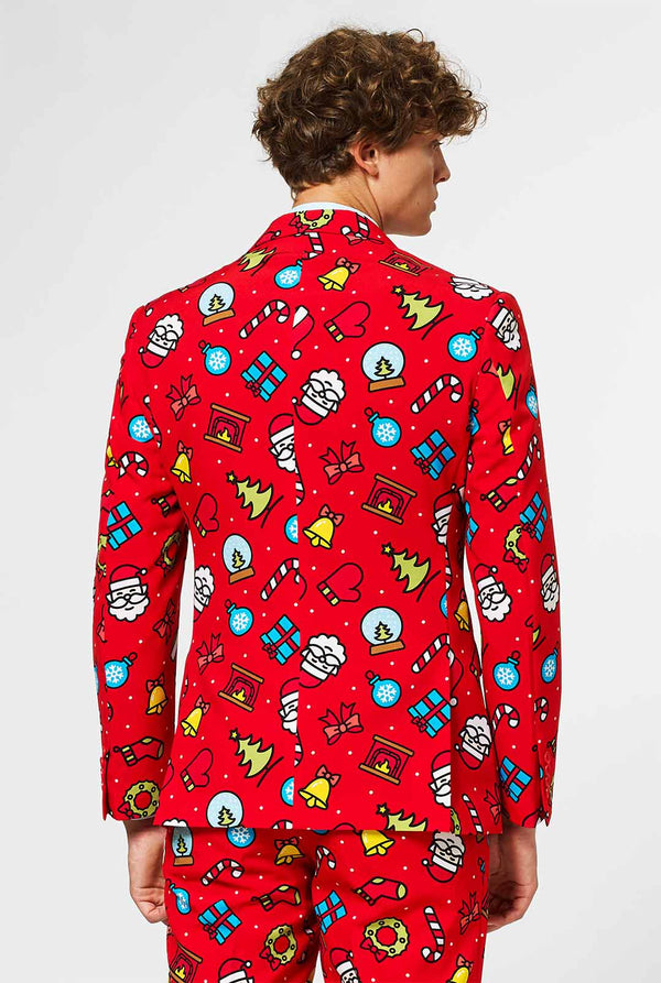 Red Christmas suit with Christmas icons worn by man