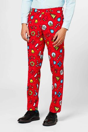 Red Christmas suit with Christmas icons worn by man