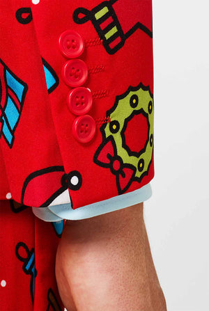 Red Christmas suit with Christmas icons worn by man