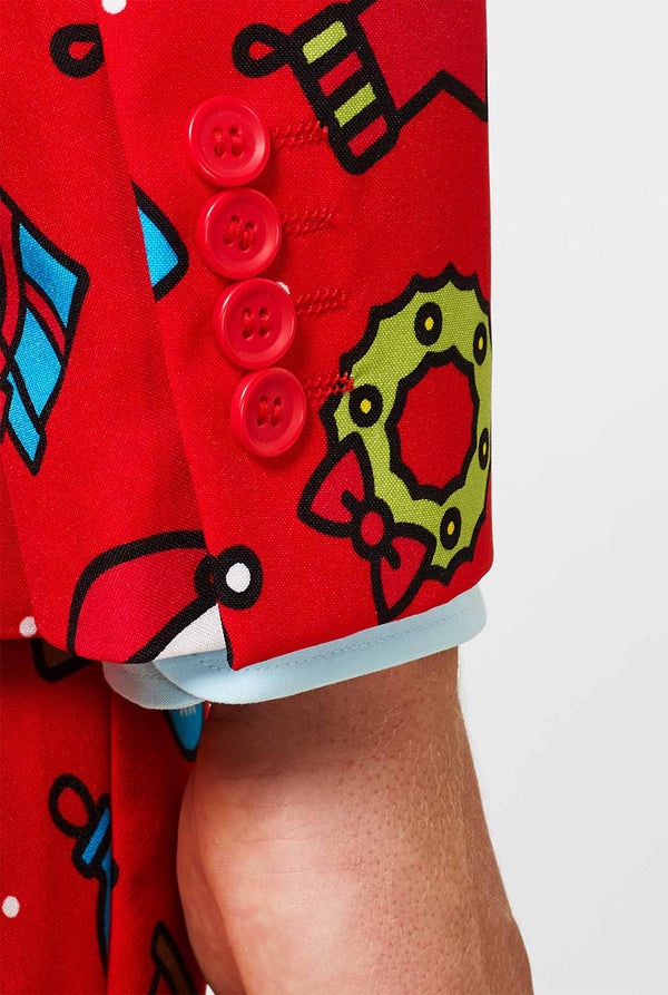 Red Christmas suit with Christmas icons worn by man