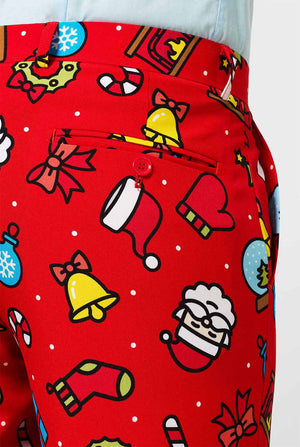 Red Christmas suit with Christmas icons worn by man
