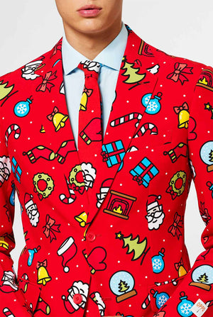 Red Christmas suit with Christmas icons worn by man