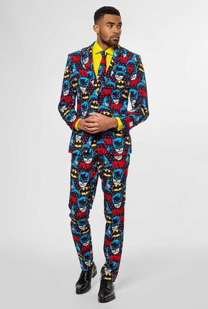 Batman themed men's suit with comic book icons worn by man