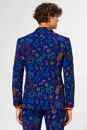 Dark blue men's  suit with bright doodle iconography worn by man