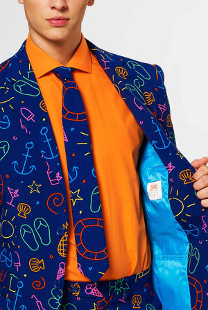 Dark blue men's  suit with bright doodle iconography worn by man