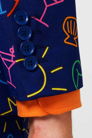 Dark blue men's  suit with bright doodle iconography worn by man