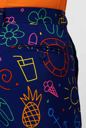Dark blue men's  suit with bright doodle iconography worn by man