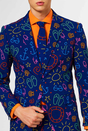 Dark blue men's  suit with bright doodle iconography worn by man