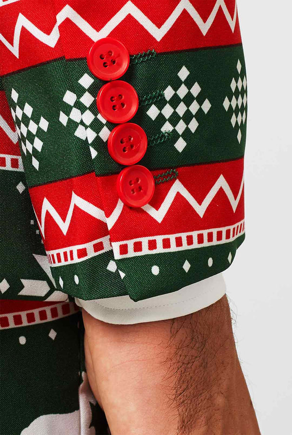 Green and red Christmas themed men's suit worn by man