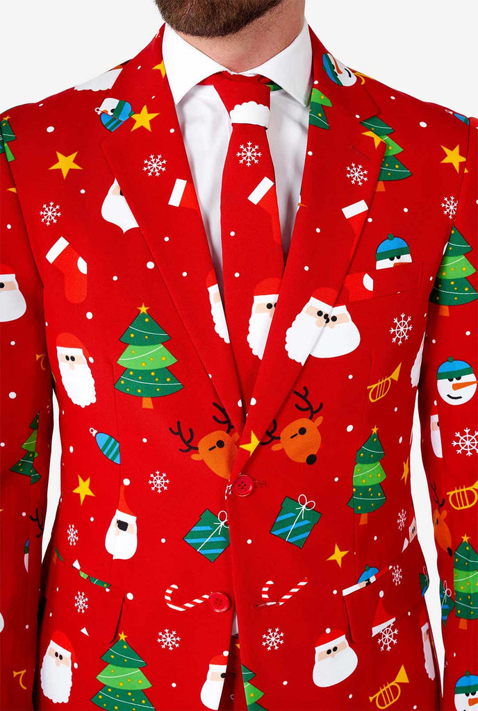 Man wearing red Christmas suit