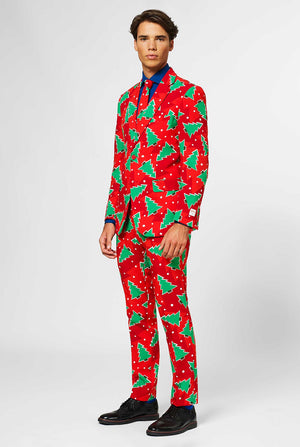 Red Christmas men's suit with pine tree print worn by man