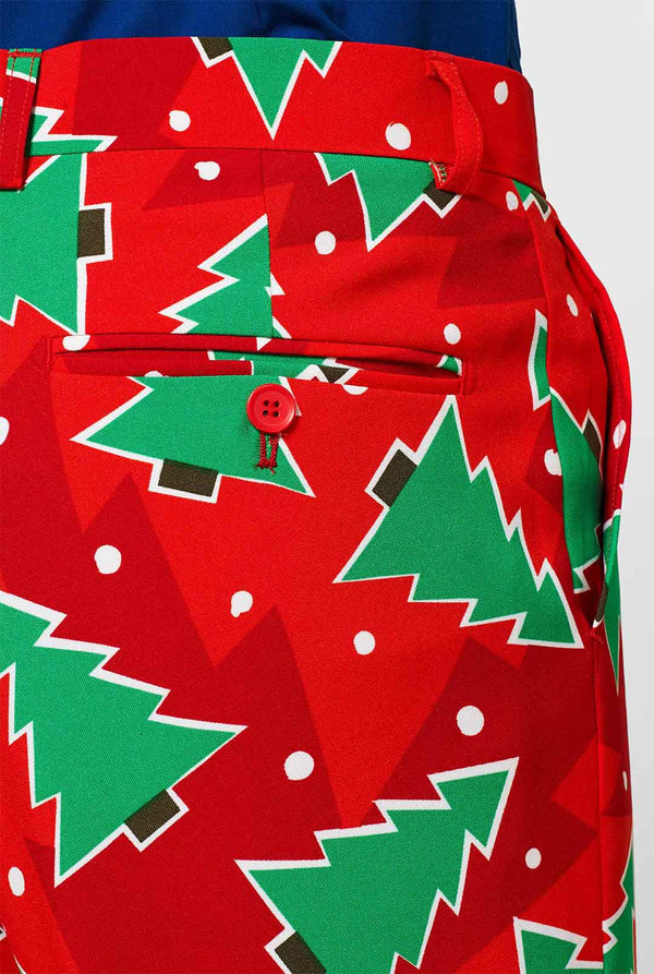 Red Christmas men's suit with pine tree print worn by man