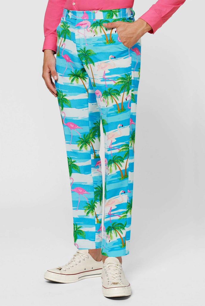 Blue and white men's suit with tropical flamingo print Flaminguy worn by man close up