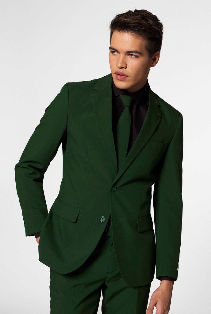 Solid color dark green men's suit Glorious Green worn by men zoomed in