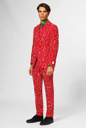 Red Christmas suit with Christmas icon print